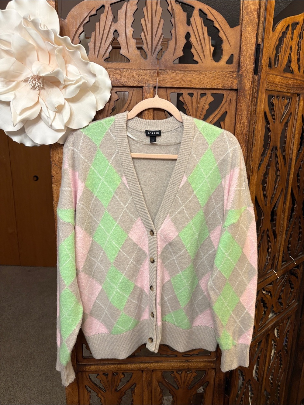 Pink Mint Argyle V-Neck Button Cardigan Size 1X